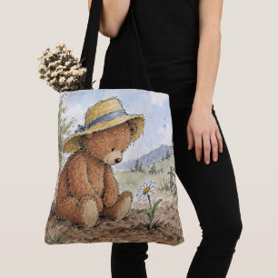 Bolsa Tote Urso de Pelúcia Olhando para uma Margarida Crescen