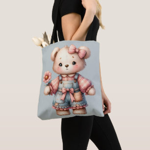 Bolsa Tote Urso de pelúcia pastel segurando flor vestindo mac