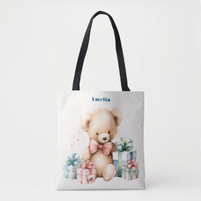 Bolsa Tote Urso de Teddy Bonito com Presentes de Natal (Frente)