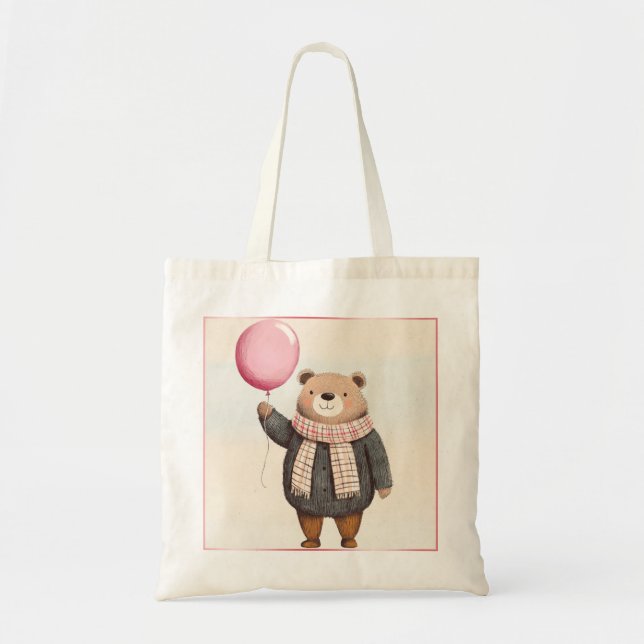 Bolsa Tote Urso Doce de cinza com alça rosa Xadrez (Frente)