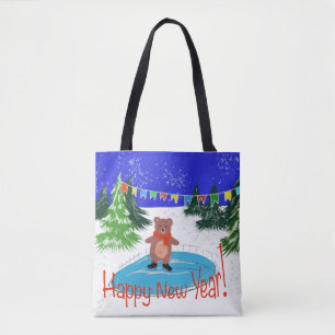Bolsa Tote Urso engraçado nos skates de inverno