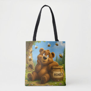 Bolsa Tote Urso Fofo com Barril de Mel & Abelhas Felizes