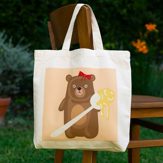 Bolsa Tote Urso Mel Adorável com Colher E Arco Vermelho (Criador carregado)