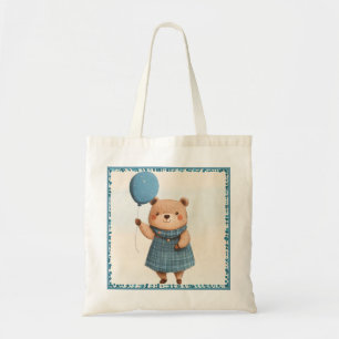 Bolsa Tote Urso Menino com Vestido de Xadrez Azul e Balão