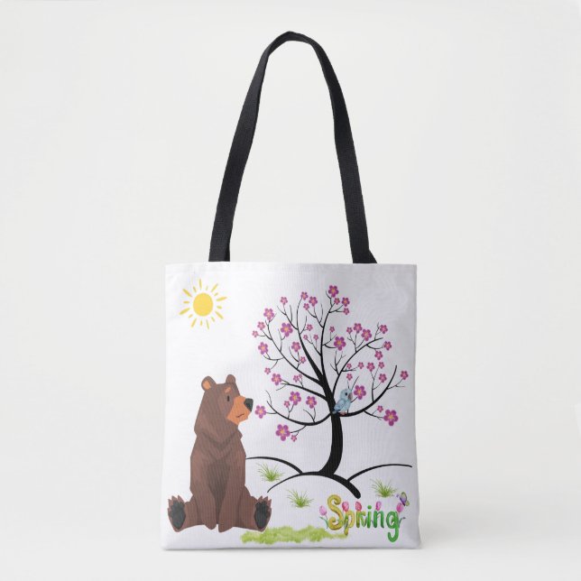 Bolsa Tote Urso observa a árvore florescente e a ave (Frente)
