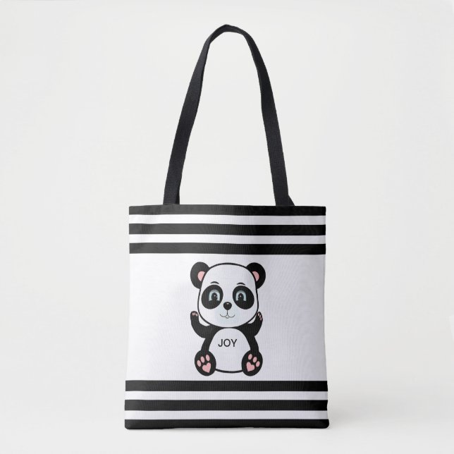 Bolsa Tote Urso Panda Moderno & Listras Pretas e Brancas (Frente)