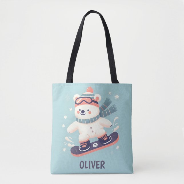 Bolsa Tote Urso Polar Bonito num Snowboard Personalizado (Frente)