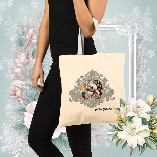 Bolsa Tote Urso polar de natal fofo e fofo com presente. (Polar bear)