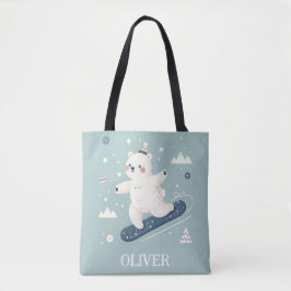 Bolsa Tote Urso Polar Fofo Andando de Snowboard