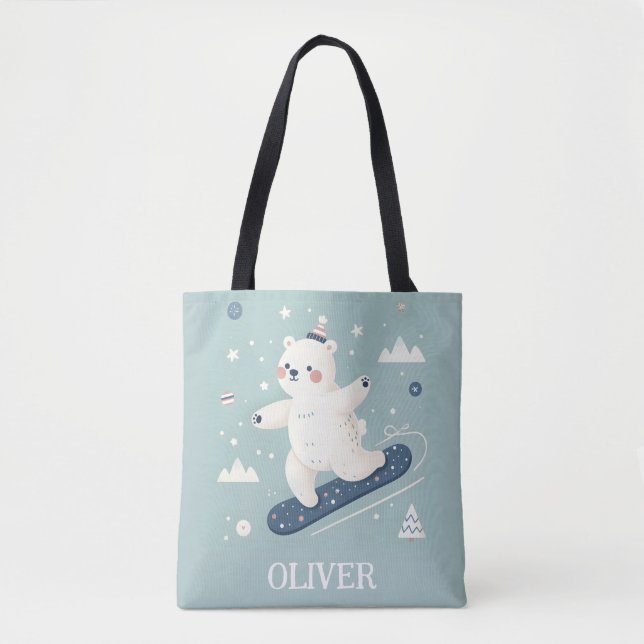 Bolsa Tote Urso Polar Fofo Andando de Snowboard  (Frente)