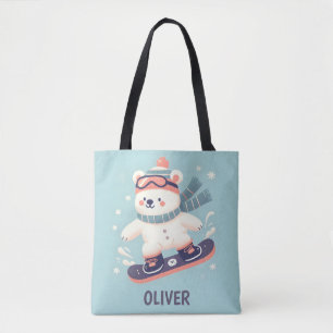 Bolsa Tote Urso Polar Fofo em Snowboard Personalizado