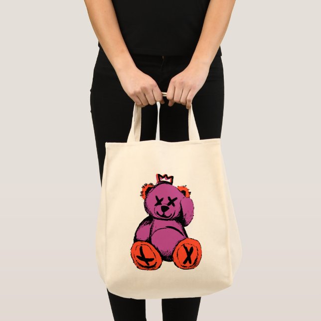 Bolsa Tote Urso Teddy Real em Roxo e Laranja (Frente (produto))