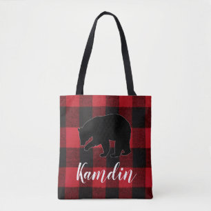 Bolsa Tote Urso Xadrez Vermelho de Buffalo Personalizado