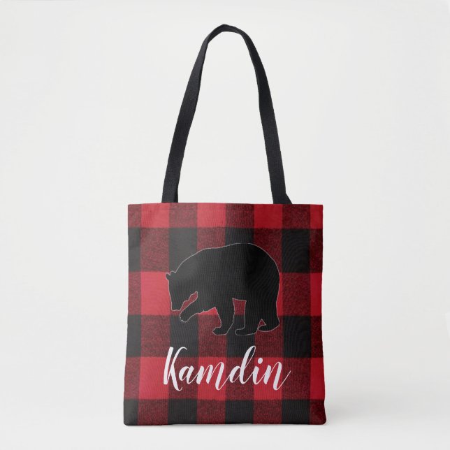 Bolsa Tote Urso Xadrez Vermelho de Buffalo Personalizado (Frente)