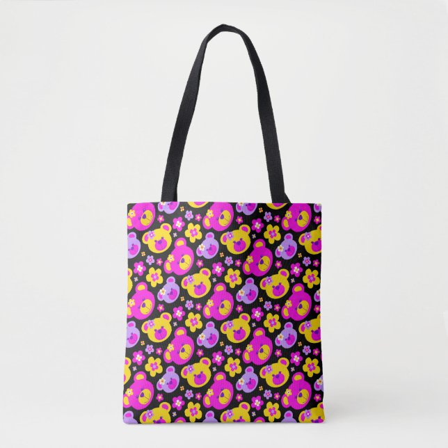Bolsa Tote Ursos amarelos cor-de-rosa e flores padronizadas (Frente)
