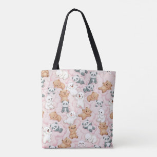 Bolsa Tote Ursos e Pandas Fofos em Nuvens Cor-de-Rosa Sem Cos