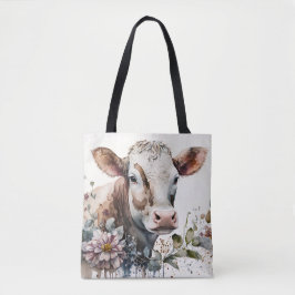 Bolsa Tote Vaca De Aquarela Em Flores Selvagens
