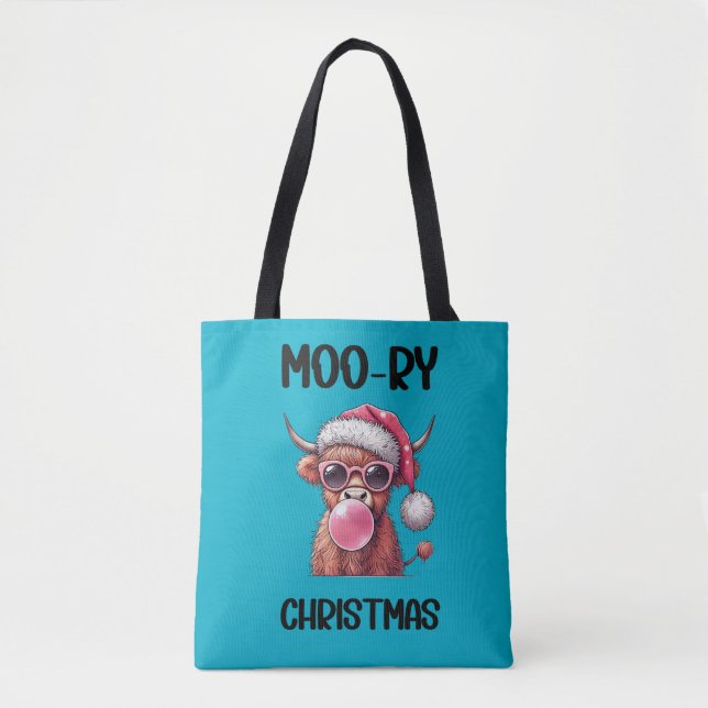 Bolsa Tote Vaca de Higland Escocesa de Natal Moo-ry (Frente)