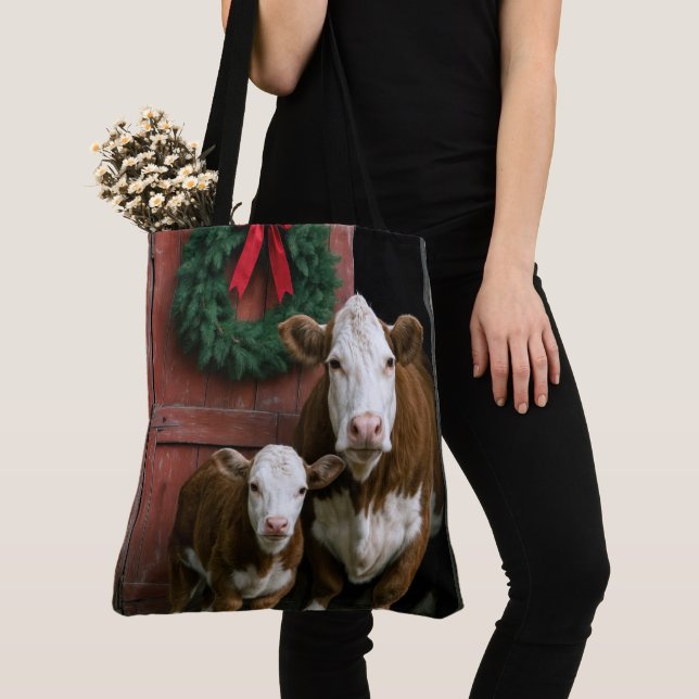 Bolsa Tote Vaca e Bezerro Hereford no Natal (Close Up)
