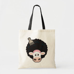 Bolsa Tote Vaca engraçada com um Afro e pente no rosa