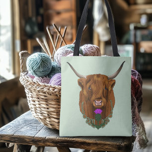 Bolsa Tote Vaca Escocesa das Terras Altas Roxa Trabalho de Nó