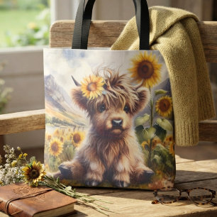 Bolsa Tote Vaca Fofa das Terras Altas com Girassóis