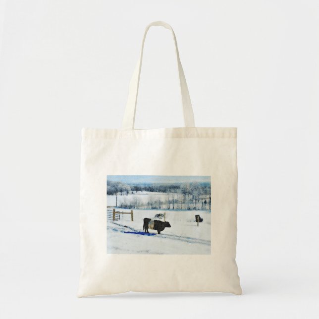 Bolsa Tote Vaca Galloway Cinzenta Abaixo de Neve na Aquarela  (Frente)