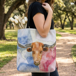 Bolsa Tote Vaca Longhorn com mapa do Texas e Flag Watercolor