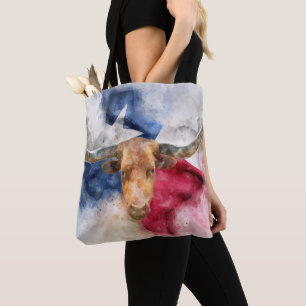 Bolsa Tote Vaca Longhorn com Texas Flag Map Watercolor