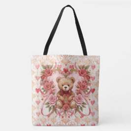 Bolsa Tote Valentine's ,Teddy Bear,Pink Love Heart and Flower