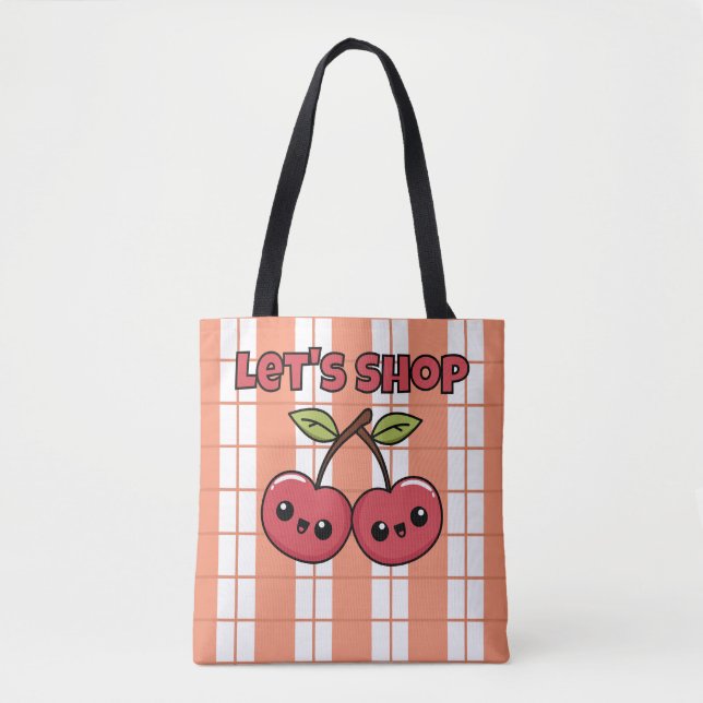 Bolsa Tote Vamos às Compras, Cerejas, Xadrez (Frente)