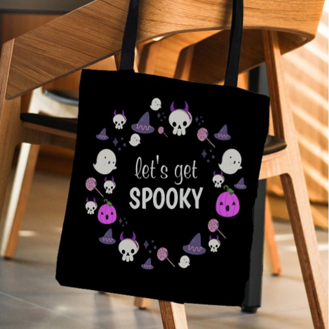 Bolsa Tote Vamos fica fantasma fantasma moderno no Dia das Br (Let's Get Spooky Ghost Modern Monogram Halloween Tote Bag)