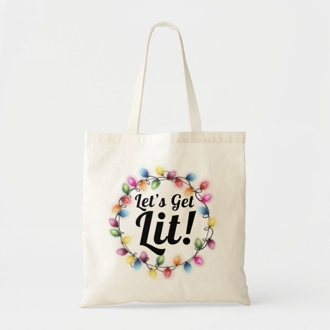 Bolsa Tote Vamos lá! - Design de Luzes de Natal Festivas (Frente)