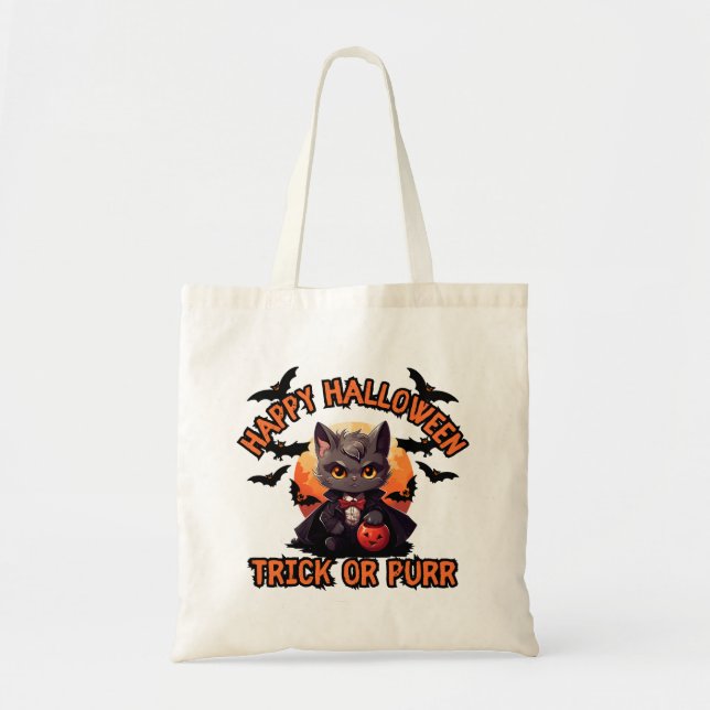 Bolsa Tote Vampiro Cat Halloween Pumpkin Bat Spookie Festivo  (Frente)