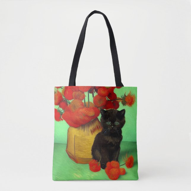Bolsa Tote Van Gogh Black Kitten Red Flowers (Frente)