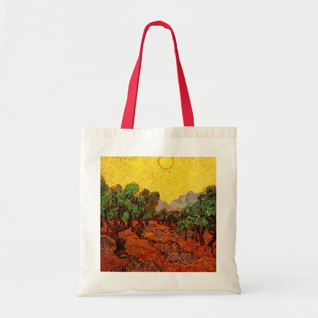 Bolsa Tote Van Gogh Olive Trees com Céu Amarelo e Sol (Frente)