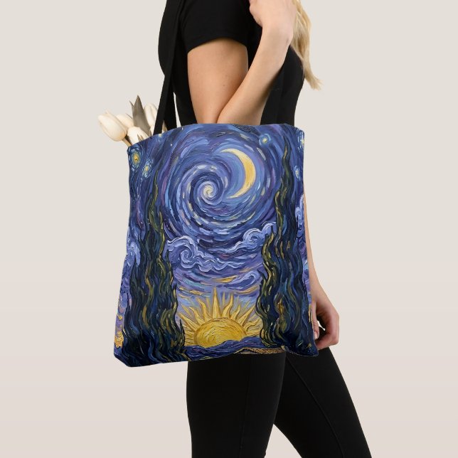 Bolsa Tote Van Gogh Style Cypress Dusk Midnight Moon Fine Art (Close Up)