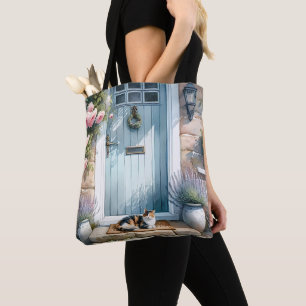 Bolsa Tote Varanda Floral Cottagecore com Gato Calico