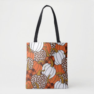 Bolsa Tote Várias abóboras. Leopardo, laranja, branco e bu