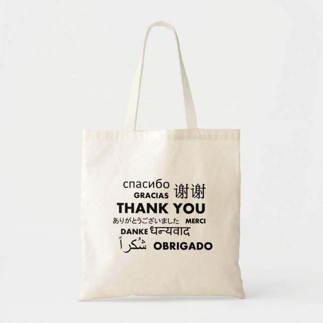 Bolsa Tote Vários idiomas, obrigado a preto e branco (Frente)