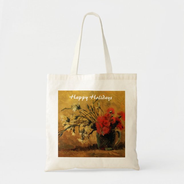 Bolsa Tote Vase com cravos vermelhos e brancos (Frente)