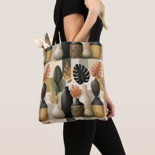 Bolsa Tote Vasos Cerâmicos Modernos Boho e Folhas Botânicas
