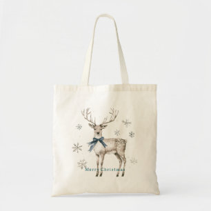 Bolsa Tote Veado Arco Azul Flocos de Neve Natal