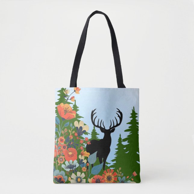 Bolsa Tote Veado com Grande Rack Fora do Céu Azul da Floresta (Frente)