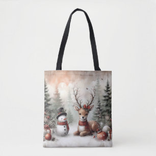 Bolsa Tote Veado de Natal da floresta clássica/boneco de neve