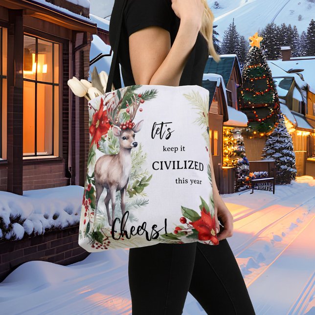 Bolsa Tote Veado engraçado de Natal  (Cute funny Christmas tote bag featuring a watercolor design with a deer, festive Poinsettia and pine)