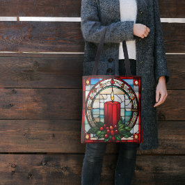 Bolsa Tote Vela Vermelha de Natal Vidro Colorido Falso