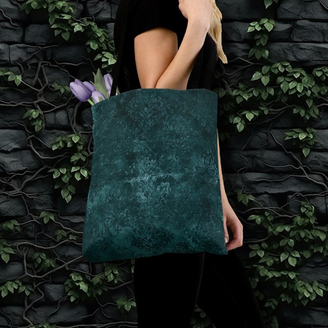 Bolsa Tote Velvety Teal Damask | Verde escuro Barroco (Criador carregado)