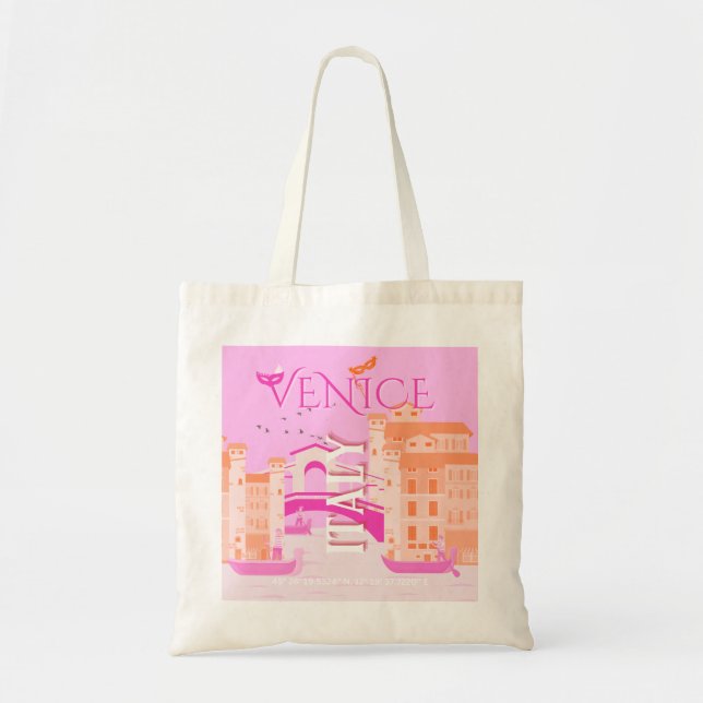 Bolsa Tote Veneza Viagem Art, Itália, Viagem Art, Retro, Rosa (Frente)