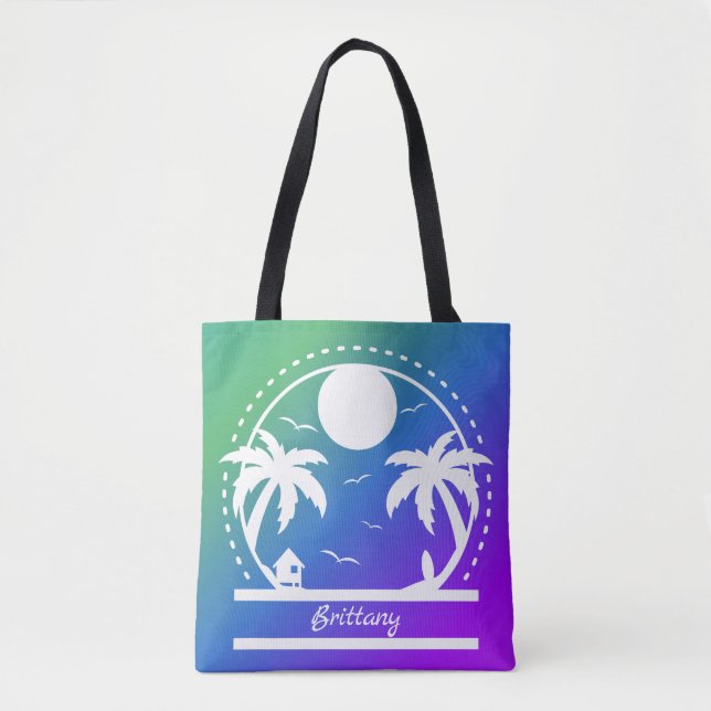 Bolsa Tote Verão tropical (gradiente verde-azul-púrpura) (Frente)